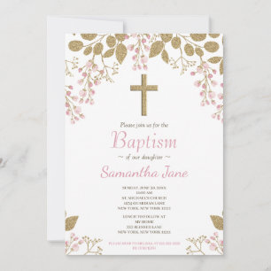 Floral Pink Gold Cross Baby Girl Baptism Invitation
