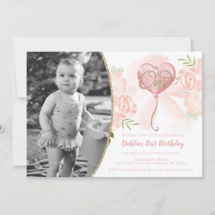 Floral Pink & Gold First Birthday Photo Invitation