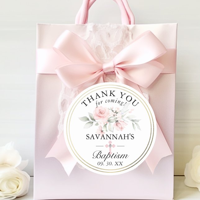 Floral Pink Gold Girl Baptism Thank You Classic Round Sticker (Floral Pink Gold Girl Baptism Thank You Classic Round Sticker)