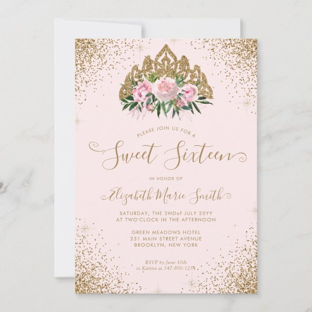 Floral Pink Gold Glitter Tiara Sweet 16 Birthday Invitation (Front)