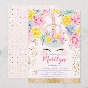 Floral Pink & Gold Glitter Unicorn Birthday Party Invitation