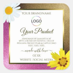 Floral Pink Gold Glitter White Product Labels Logo