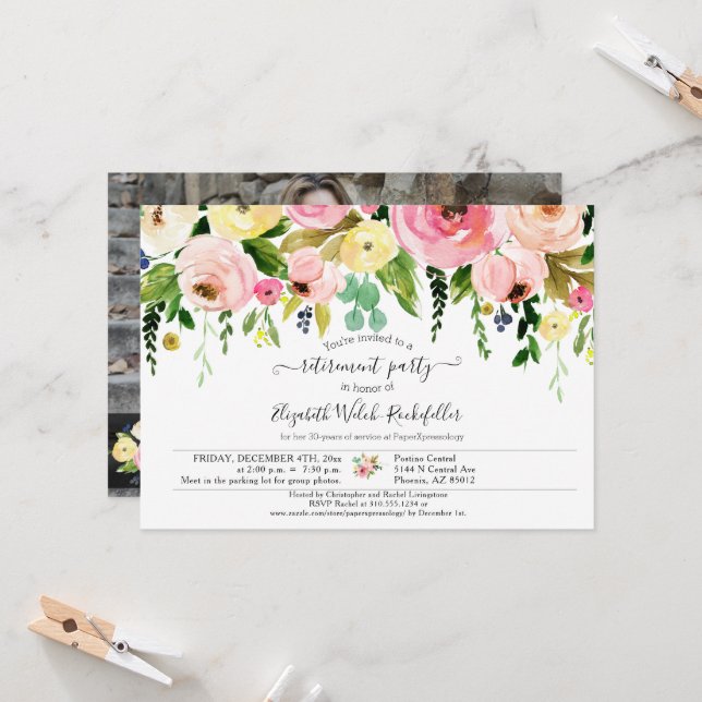 Floral Pink Gold Good Luck Retirement Party Photo Invitation (Front/Back In Situ)