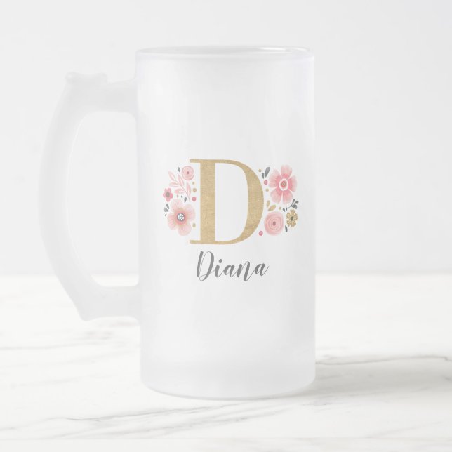 Floral Pink Gold Monogram  Frosted Glass Beer Mug (Left)
