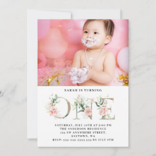 Floral Pink Gold Photo 1st Birthday Party Invitation