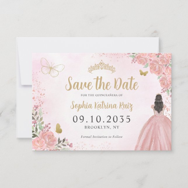 Floral Pink Gold Princess Birthday Quinceanera Save The Date (Front)