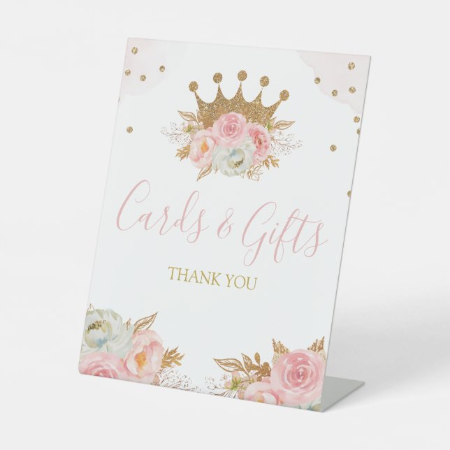 Floral Pink & Gold Princess Cards and Gifts  Pedestal Sign (Front)
