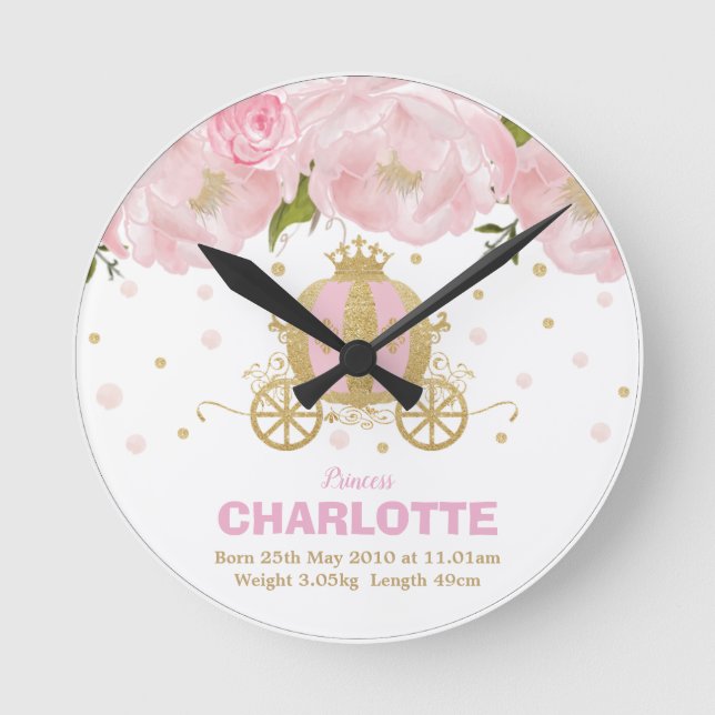 Floral Pink Gold Princess Carriage Birth Stats Round Clock (Front)