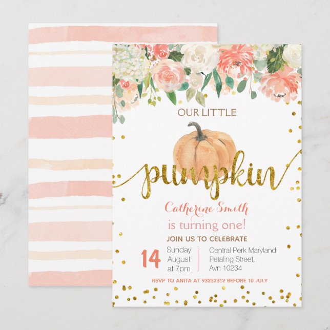 Floral Pink Gold Pumpkin 1st Birthday Invitation (Front/Back)