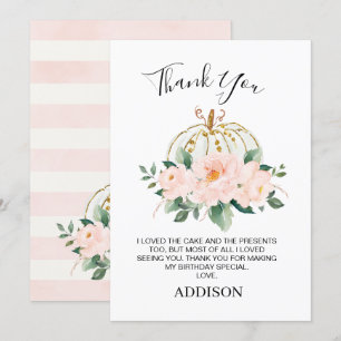 Floral Pink Gold Pumpkin Birthday Thank You Card