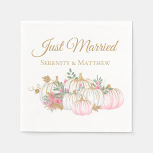Floral Pink Gold Pumpkin Just Married Fall Wedding Napkin