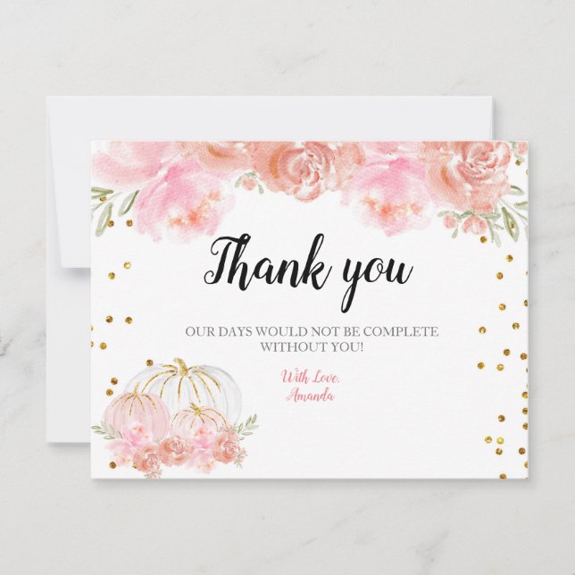 Floral Pink Gold Pumpkin Thank you card (Front)