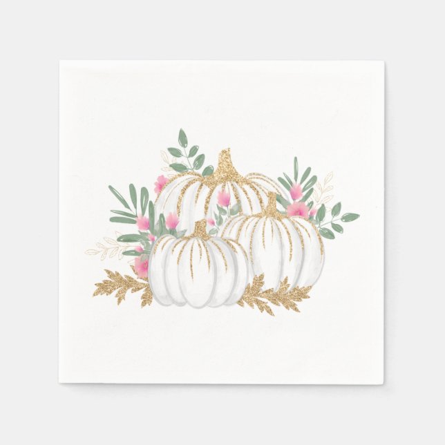 Floral Pink Gold Pumpkins Thanksgiving Fall Party Napkin (Front)