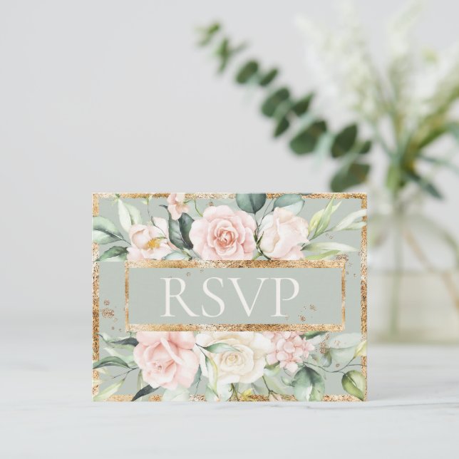 Floral Pink Gold Sage Green Quinceañera RSVP Postcard (Standing Front)