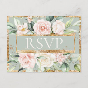 Floral Pink Gold Sage Green Watercolor RSVP Postcard
