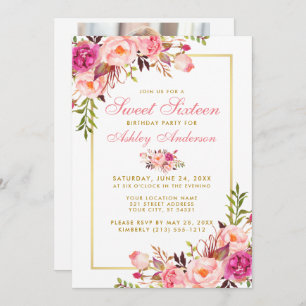 Floral Pink Gold Sweet 16 Birthday Invite - Photo