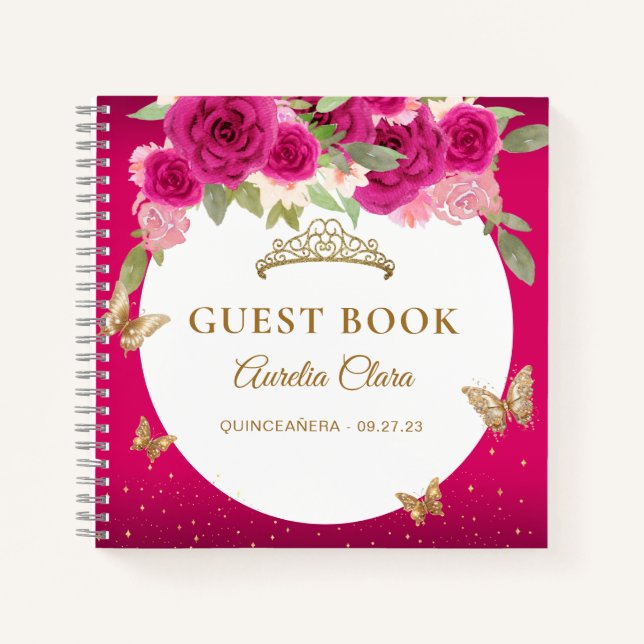 Floral Pink Gold Tiara Butterfly  Guest Book (Front)