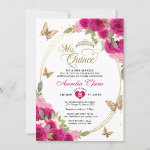 Floral Pink Gold Tiara Butterfly Mis Quinceañera Invitation