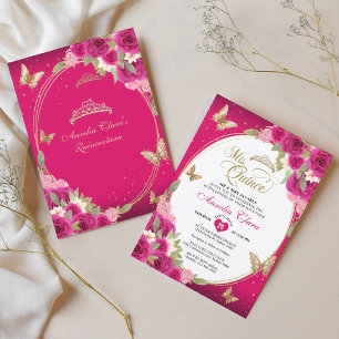 Floral Pink Gold Tiara Butterfly Mis Quinceañera Invitation