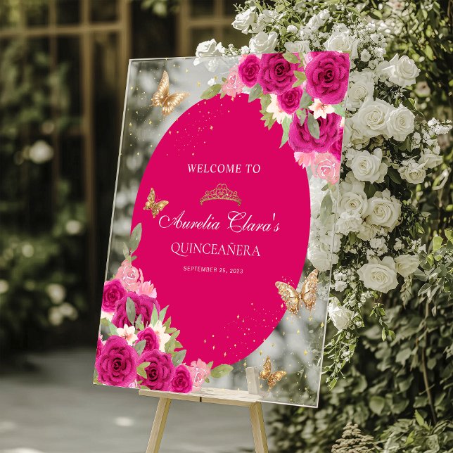 Floral Pink Gold Tiara Butterfly Quinceañera Acrylic Sign (Creator Uploaded)