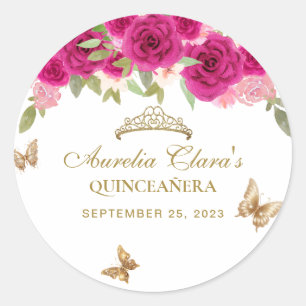 Floral Pink Gold Tiara Butterfly Quinceañera Classic Round Sticker