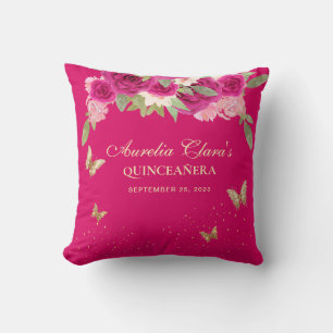 Floral Pink Gold Tiara Butterfly Quinceanera Cushion