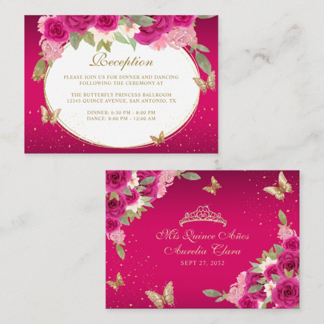 Floral Pink Gold Tiara Butterfly Quinceañera Enclosure Card (Front/Back)