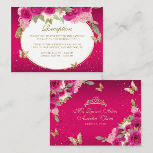 Floral Pink Gold Tiara Butterfly Quinceañera Enclosure Card