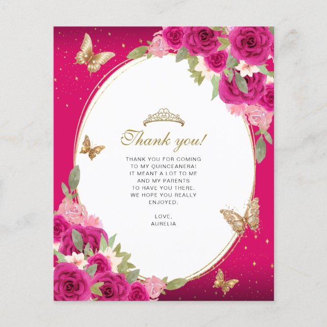 Floral Pink Gold Tiara Butterfly Quinceañera Photo (Front)