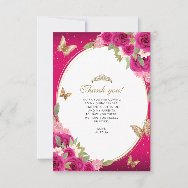 Floral Pink Gold Tiara Butterfly Quinceañera Photo Thank You Card (Front)