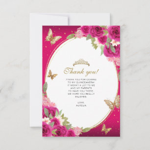 Floral Pink Gold Tiara Butterfly Quinceañera Photo Thank You Card