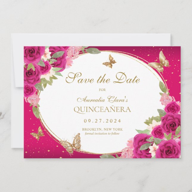 Floral Pink Gold Tiara Butterfly Quinceanera Save The Date (Front)