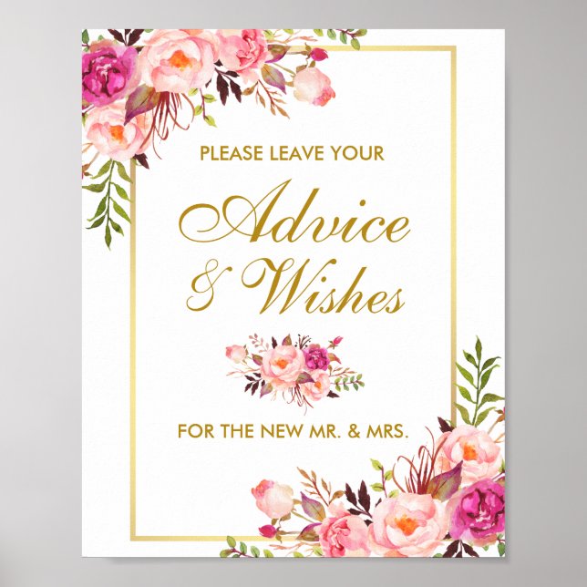 Floral Pink Gold Wedding Advice and Wishes Poster (Front)