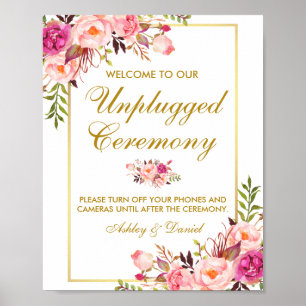 Floral Pink Gold Wedding Ceremony Unplugged Poster