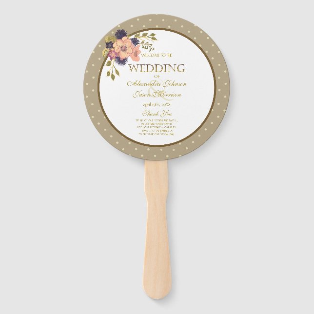Floral Pink Gold Wedding Program Hand Fan (Front)