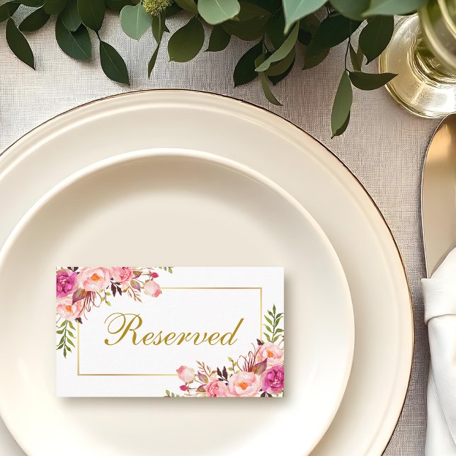 Floral Pink Gold Wedding Reserved Place Card (Customize to change text color, style or to add more text to front or back.)
