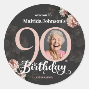 Floral Pink Gray Custom Photo 90th Birthday  Classic Round Sticker
