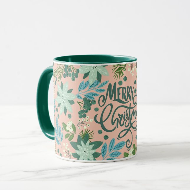 Floral pink green Christmas lettering Mug (Front Left)