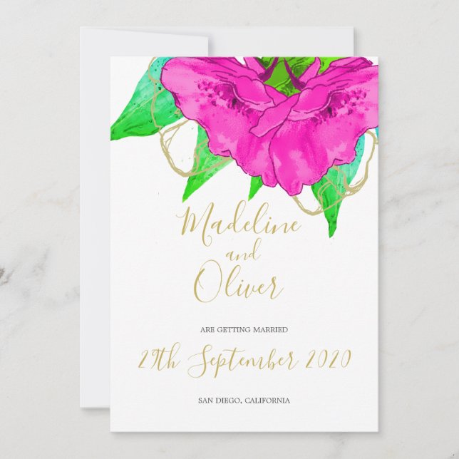 Floral Pink Green Gold Modern Elegant Wedding Invitation (Front)