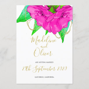 Floral Pink Green Gold Modern Elegant Wedding Invitation