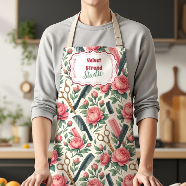 Floral Pink Green Hair Stylist Business Apron (Creator Uploaded)