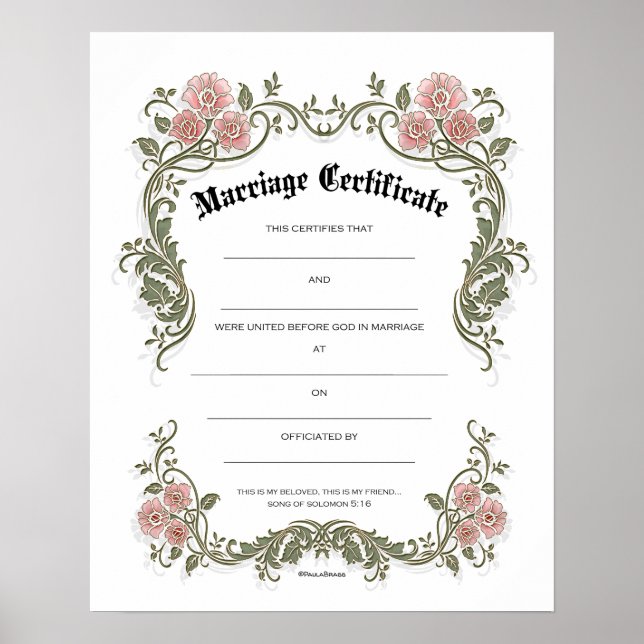 Floral Pink Green Marriage Wedding Certificate Poster (Front)