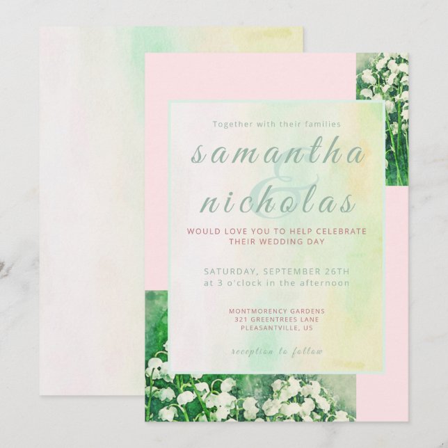 Floral Pink Green Modern Elegant Wedding Invitation (Front/Back)