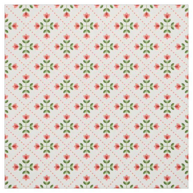 Floral Pink & Green Quilt Folk Art Pattern Fabric (Swatch)