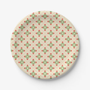 Floral Pink & Green Quilt Folk Art Pattern Paper Plate