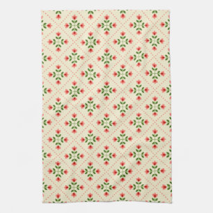 Floral Pink & Green Quilt Folk Art Pattern Tea Towel