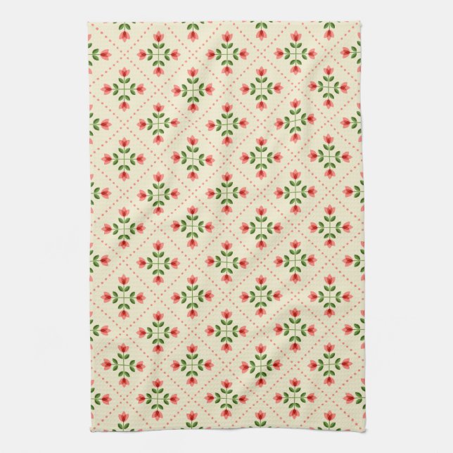 Floral Pink & Green Quilt Folk Art Pattern Tea Towel (Vertical)