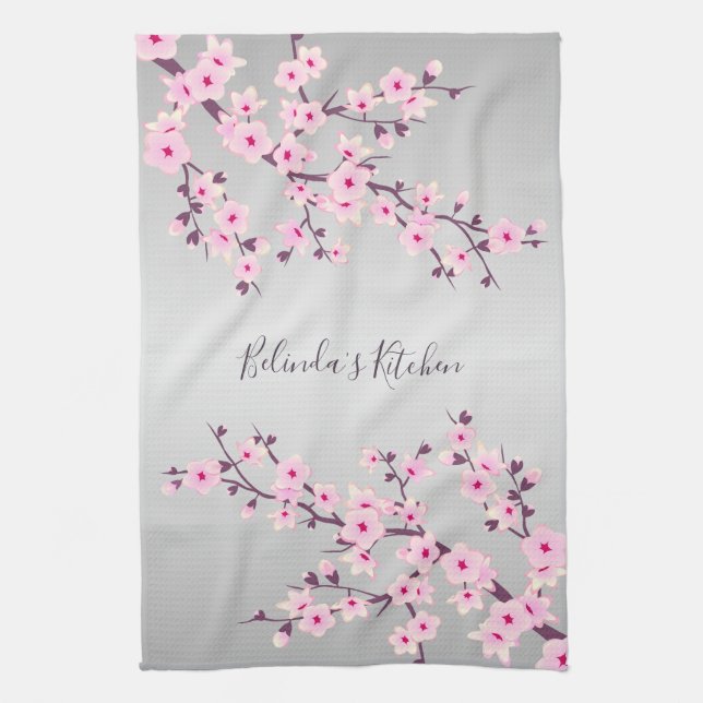 Floral Pink  Grey Cherry Blossoms Personalise Tea Towel (Vertical)