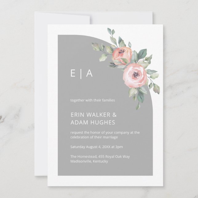 Floral Pink & Grey Minimalist Monogram Half Arch  Invitation (Front)