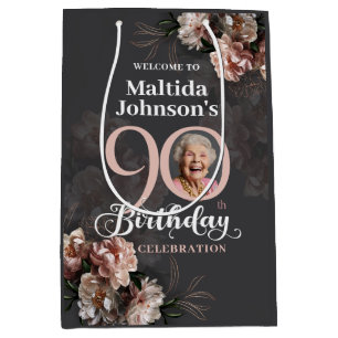Floral Pink Grey Photo 90th Birthday Thank You Medium Gift Bag